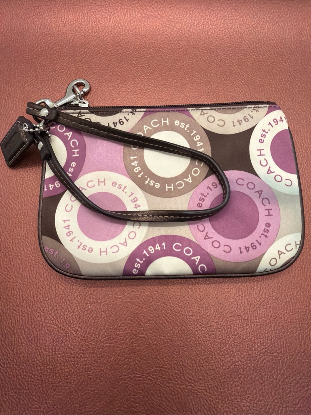Coach Signature Circle Print Wristlet in Purple and Brown